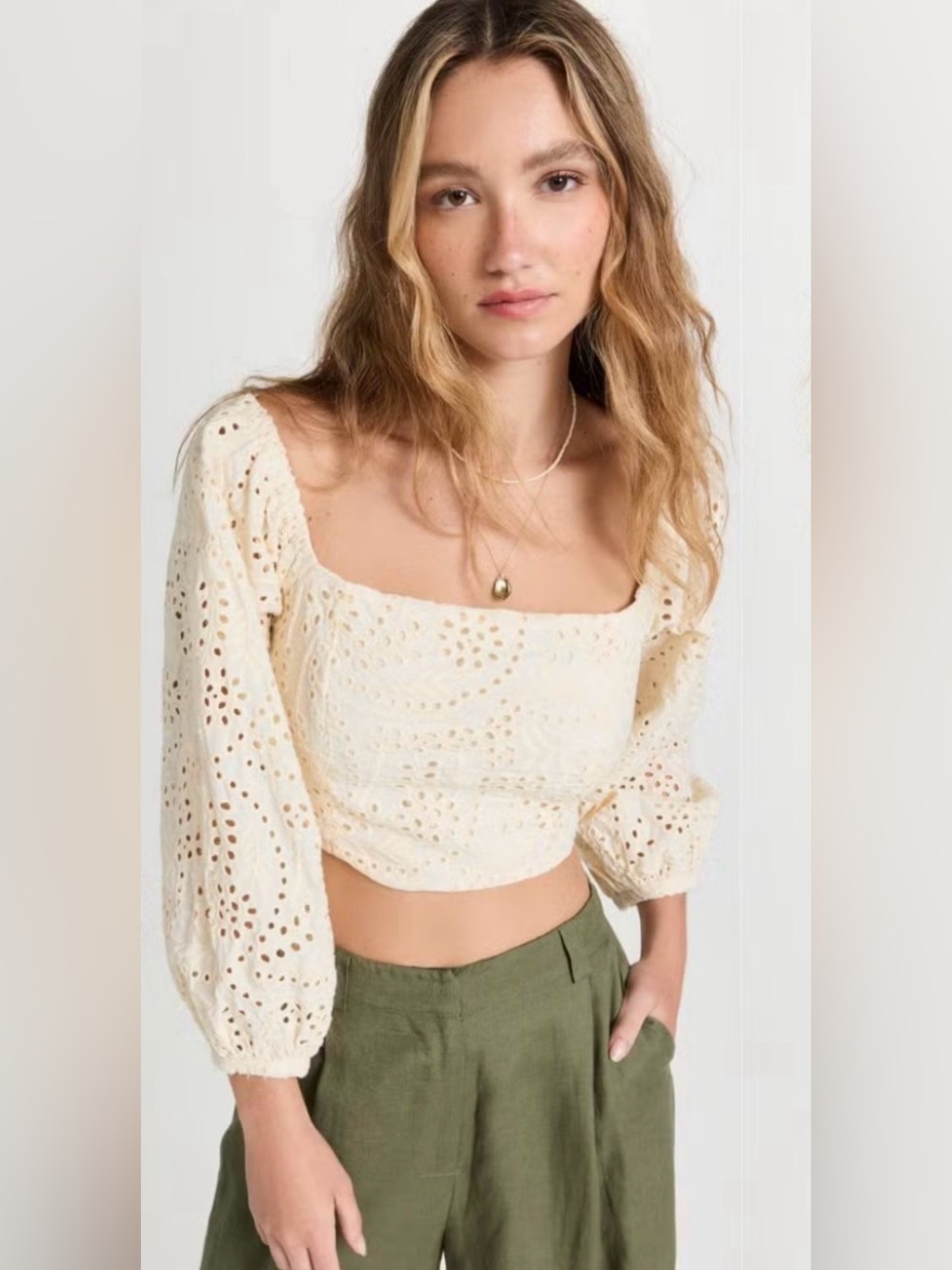 Lost + Wander Eyelet Embroidered Puff Sleeve Crop Top Ivory Size M NWT